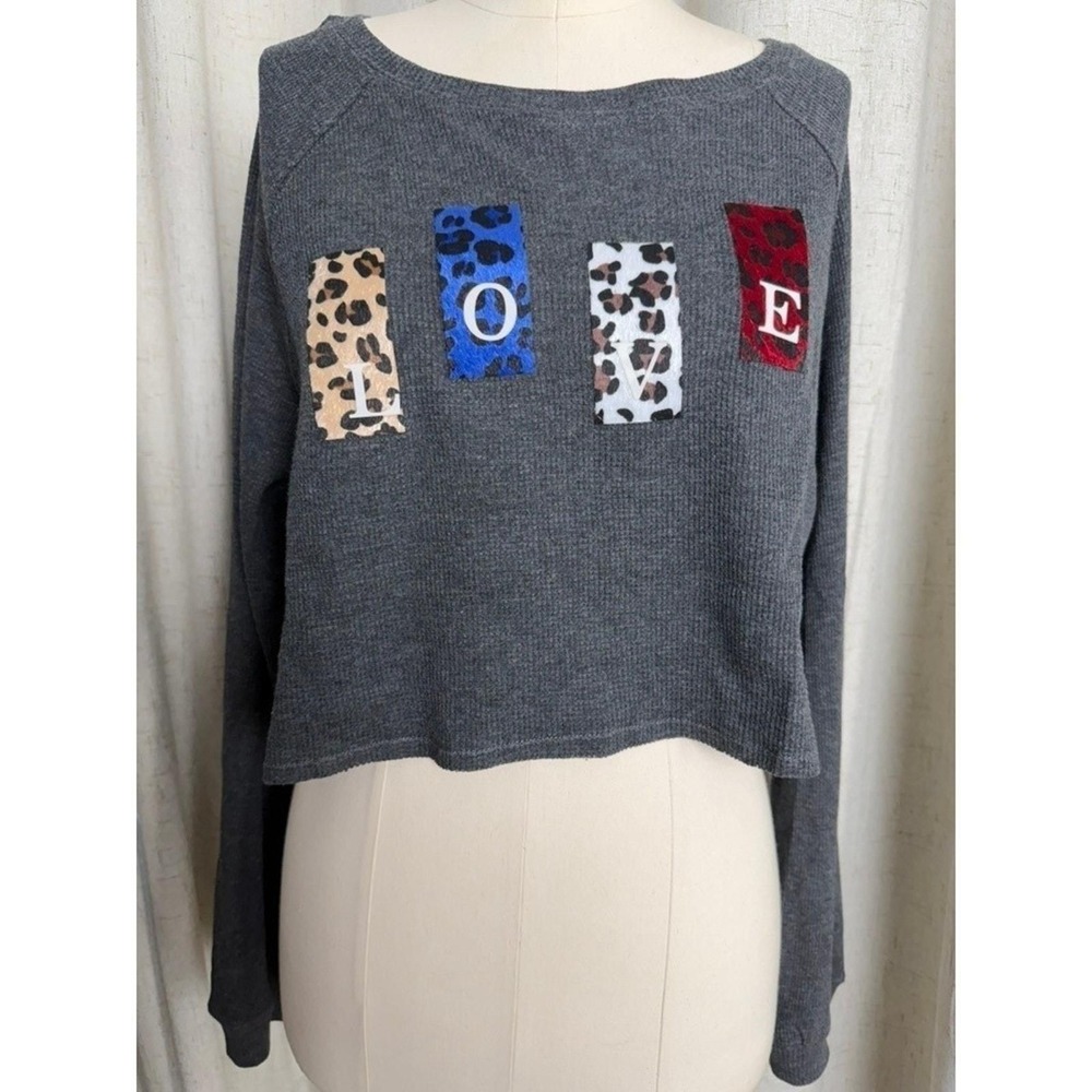 Akaiv Charcoal Grey Waffle Knit Cropped LOVE Leopard Patch Sweater AX20232T S